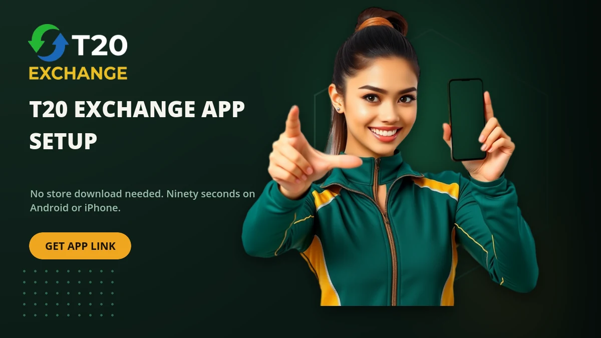T20 Exchange app setup on Android showing the sportsbook shortcut instead of an unknown APK download