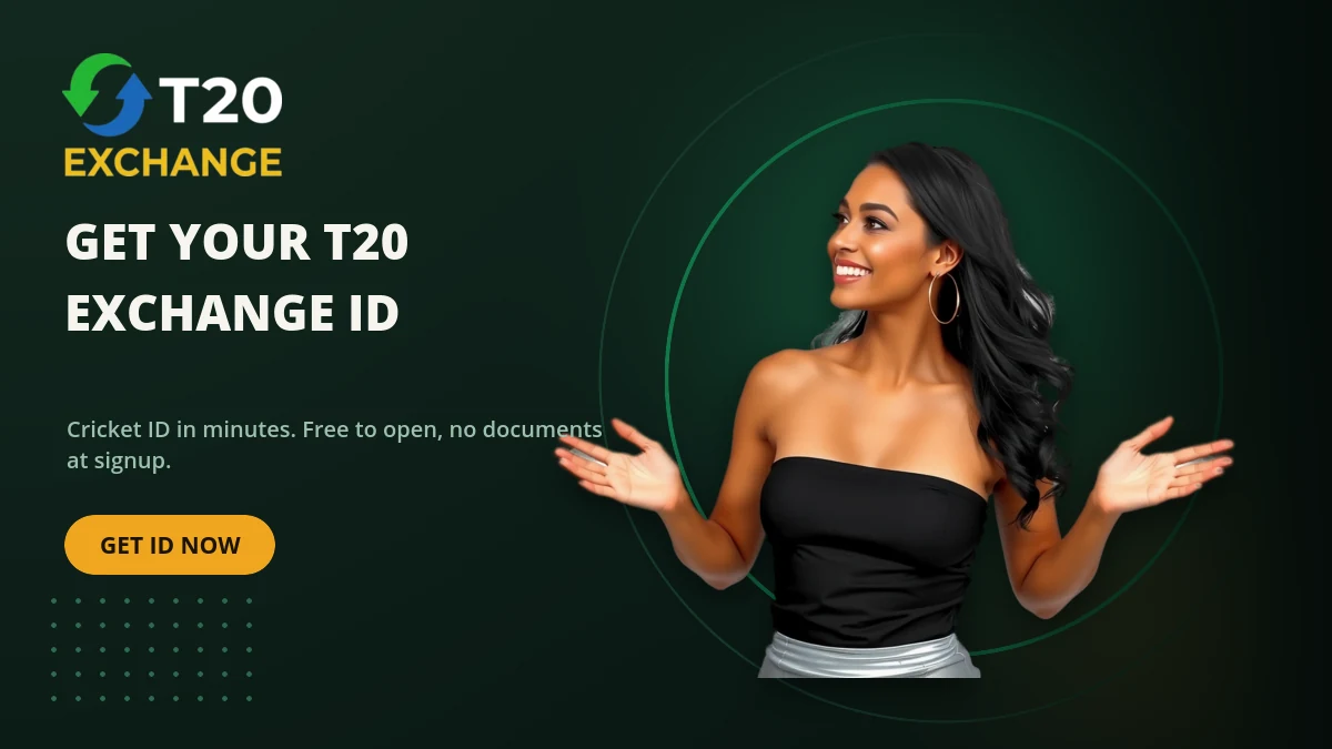 T20 Exchange sportsbook banner showing where Indian players get a cricket ID and log in